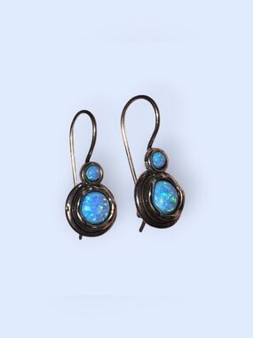 Vintage Sterling Silver Blue Opal Drop Earrings